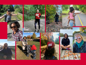 Red background with photos of Results Canada staff taking action for the #EndPoverty Challenge